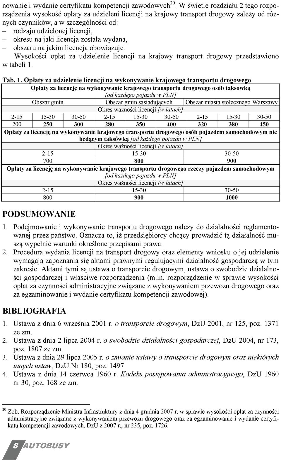 jaki licencja została wydana, obszaru na jakim licencja obowiązuje. Wysokości opłat za udzielenie licencji na krajowy transport drogowy przedstawiono w tabeli 1.