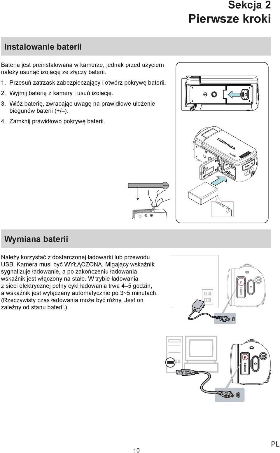 Zamknij prawidłowo pokrywę baterii. REMOVE Wymiana baterii Należy korzystać z dostarczonej ładowarki lub przewodu USB. Kamera musi być WYŁĄCZONA.