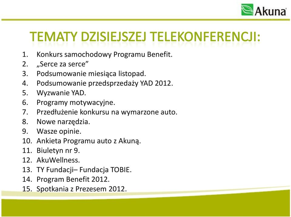 Przedłużenie konkursu na wymarzone auto. 8. Nowe narzędzia. 9. Wasze opinie. 10.