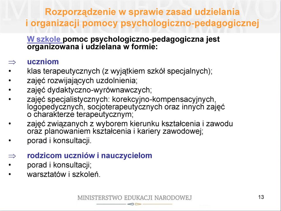 logopedycznych, socjoterapeutycznych oraz innych zajęć o charakterze terapeutycznym; zajęć związanych z wyborem kierunku kształcenia i