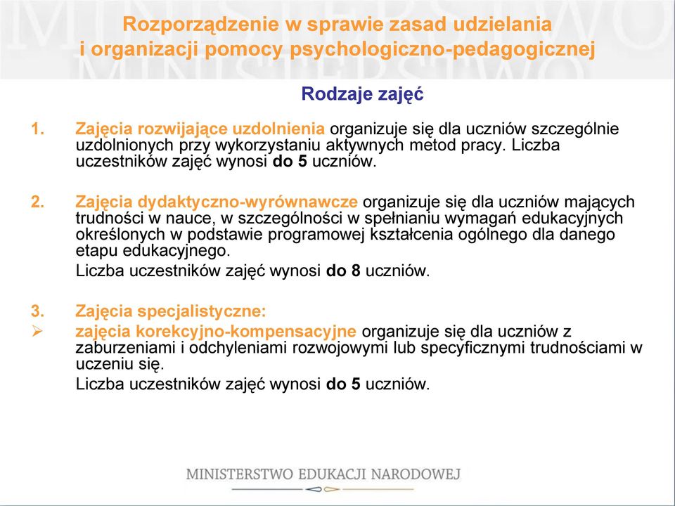 Zajęcia dydaktyczno-wyrównawcze organizuje się dla uczniów mających trudności w nauce, w szczególności w spełnianiu wymagań edukacyjnych określonych w podstawie