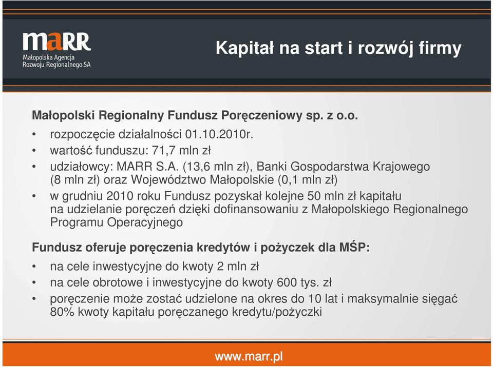 (13,6 mln zł), Banki Gospodarstwa Krajowego (8 mln zł) oraz Województwo Małopolskie (0,1 mln zł) w grudniu 2010 roku Fundusz pozyskał kolejne 50 mln zł kapitału na udzielanie