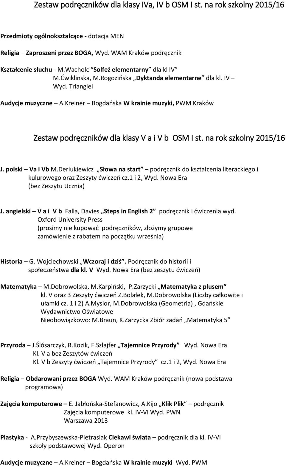 Kreiner Bogdańska W krainie muzyki, PWM Kraków Zestaw podręczników dla klasy V a i V b OSM I st. na rok szkolny 2015/16 J. polski Va i Vb M.