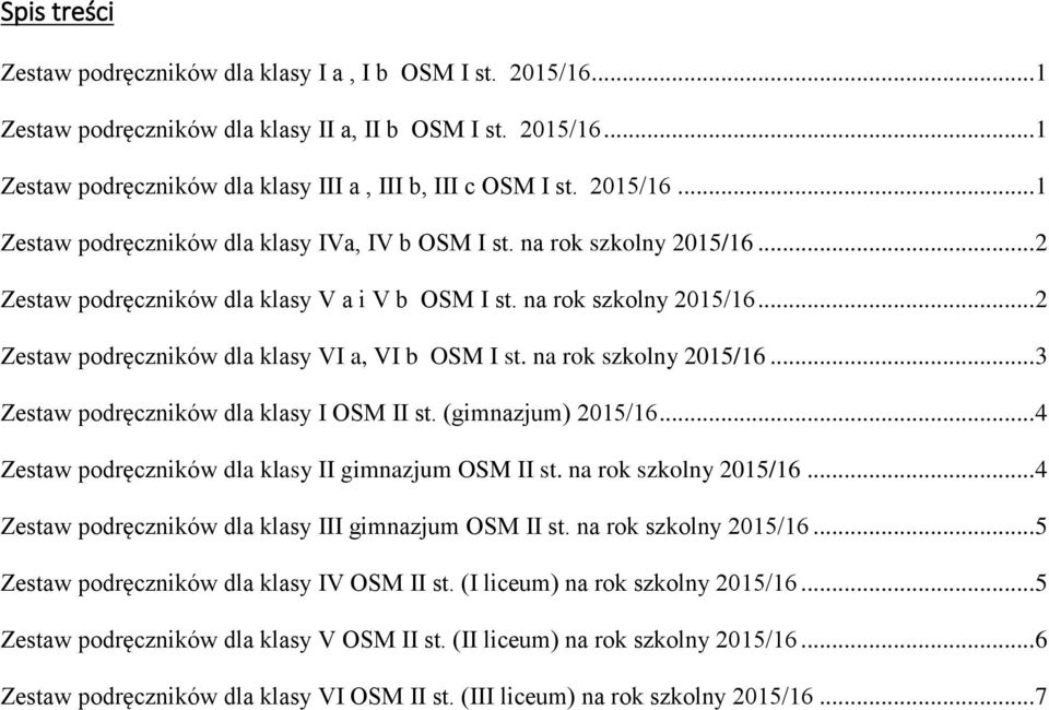 na rok szkolny 2015/16... 3 Zestaw podręczników dla klasy I OSM II st. (gimnazjum) 2015/16... 4 Zestaw podręczników dla klasy II gimnazjum OSM II st. na rok szkolny 2015/16.