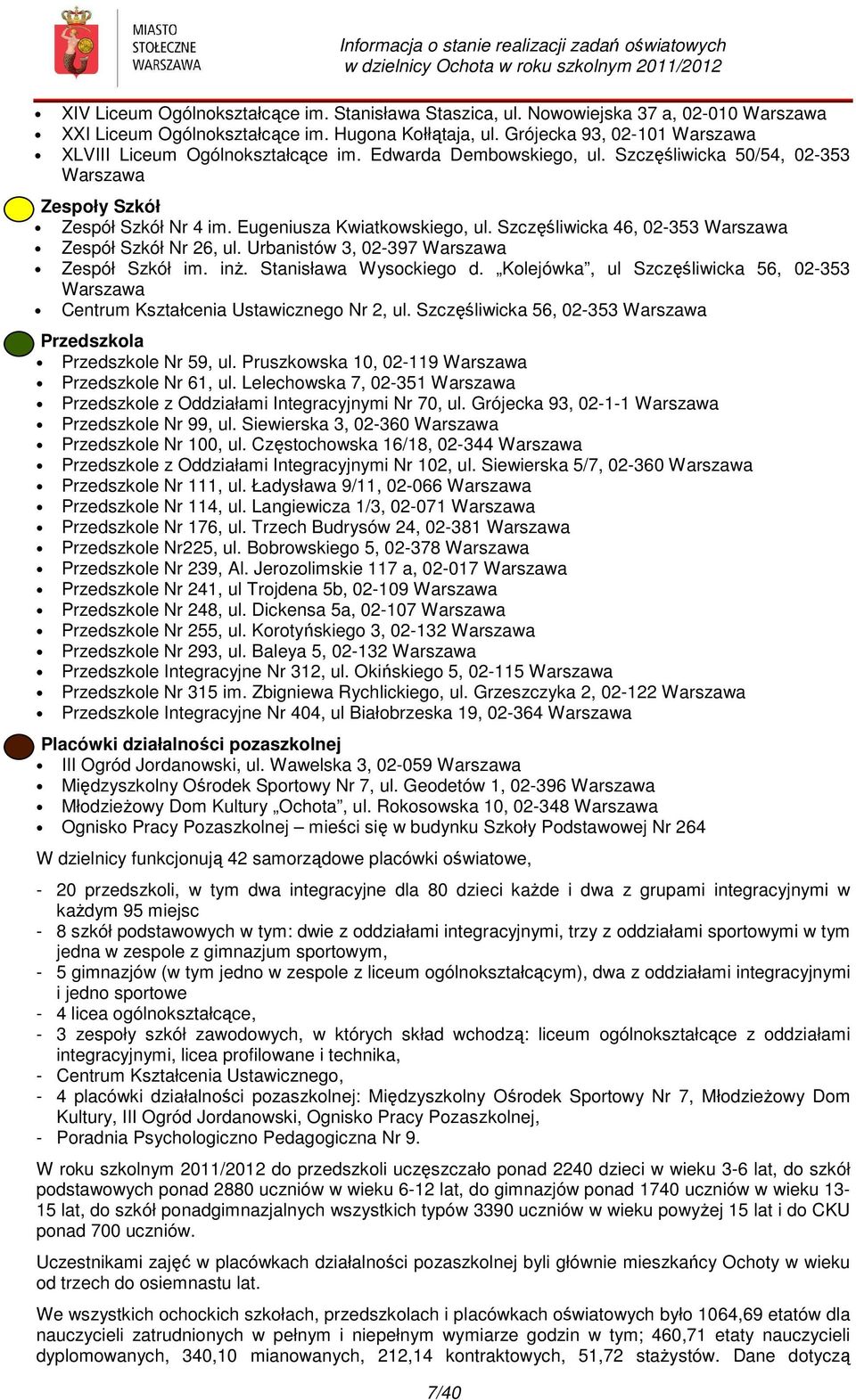 Szczęśliwicka 46, 02-353 Warszawa Zespół Szkół Nr 26, ul. Urbanistów 3, 02-397 Warszawa Zespół Szkół im. inż. Stanisława Wysockiego d.