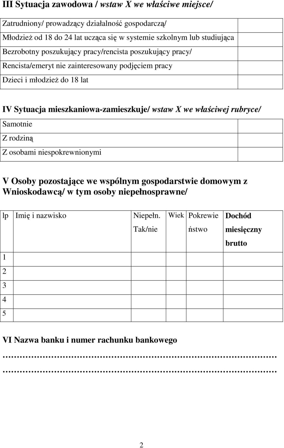 mieszkaniowa-zamieszkuje/ wstaw X we właściwej rubryce/ Samotnie Z rodziną Z osobami niespokrewnionymi V Osoby pozostające we wspólnym gospodarstwie domowym z