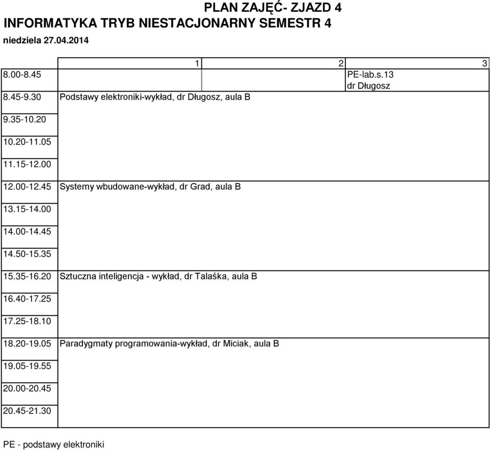 wbudowane-wykład, dr Grad, aula B Sztuczna inteligencja - wykład, dr