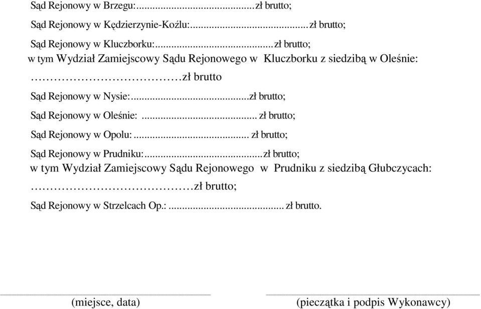 ..zł brutto; Sąd Rejonowy w Oleśnie:... zł brutto; Sąd Rejonowy w Opolu:... zł brutto; Sąd Rejonowy w Prudniku:.