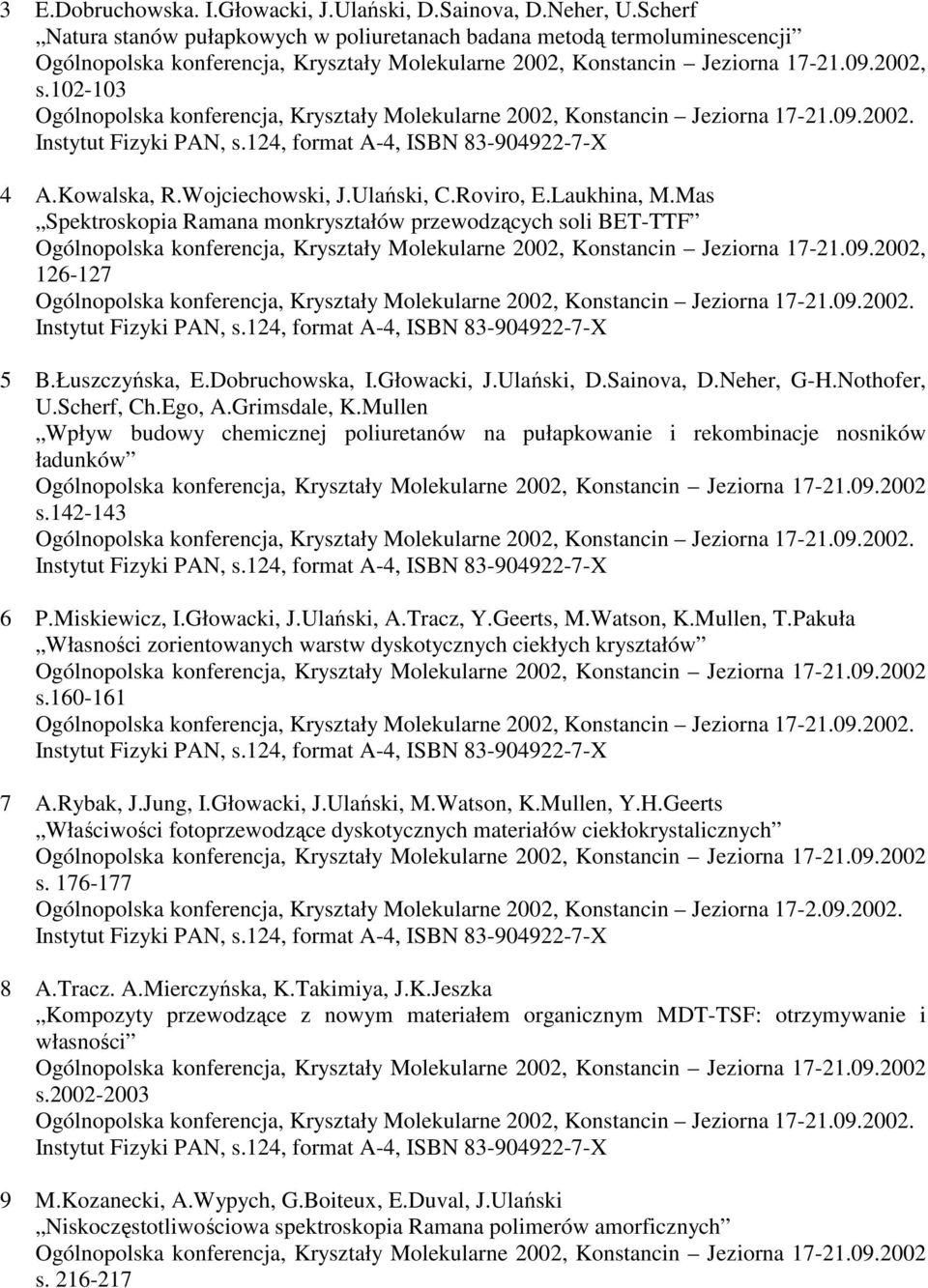 Ego, A.Grimsdale, K.Mullen Wpływ budowy chemicznej poliuretanów na pułapkowanie i rekombinacje nosników ładunków s.142-143 6 P.Miskiewicz, I.Głowacki, J.Ulański, A.Tracz, Y.Geerts, M.Watson, K.