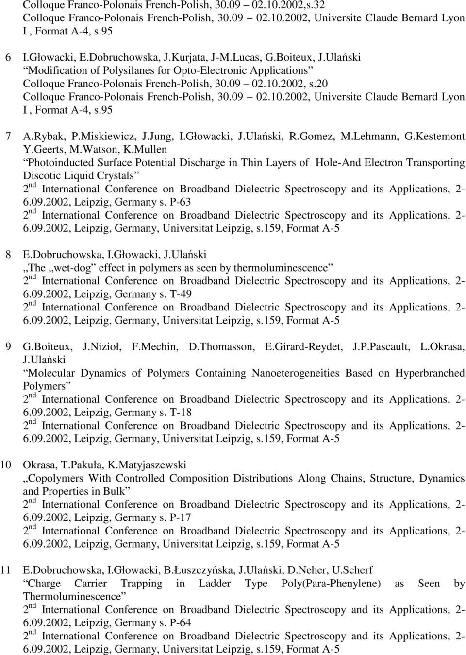 20 Colloque Franco-Polonais French-Polish, 30.09 02.10.2002, Universite Claude Bernard Lyon I, Format A-4, s.95 7 A.Rybak, P.Miskiewicz, J.Jung, I.Głowacki, J.Ulański, R.Gomez, M.Lehmann, G.