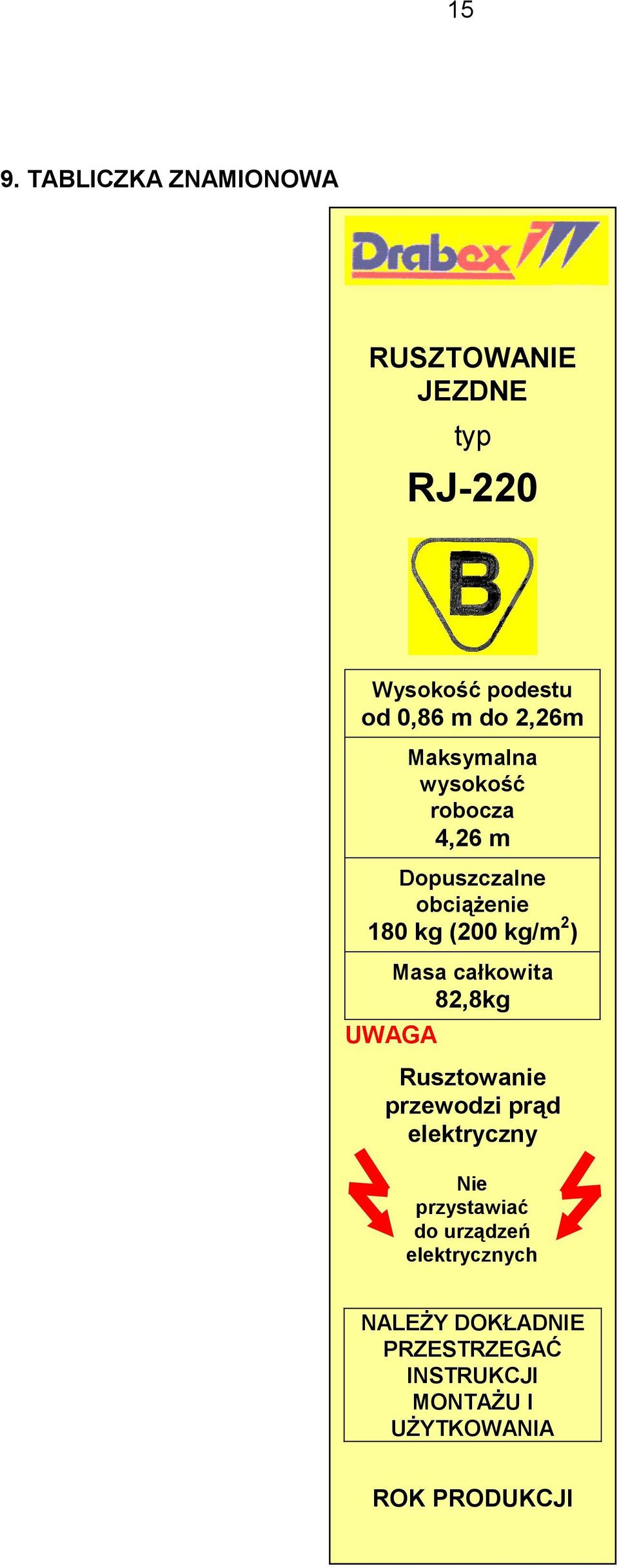 UWAGA Masa całkowita 82,8kg Rusztowanie przewodzi prąd elektryczny Nie przystawiać do