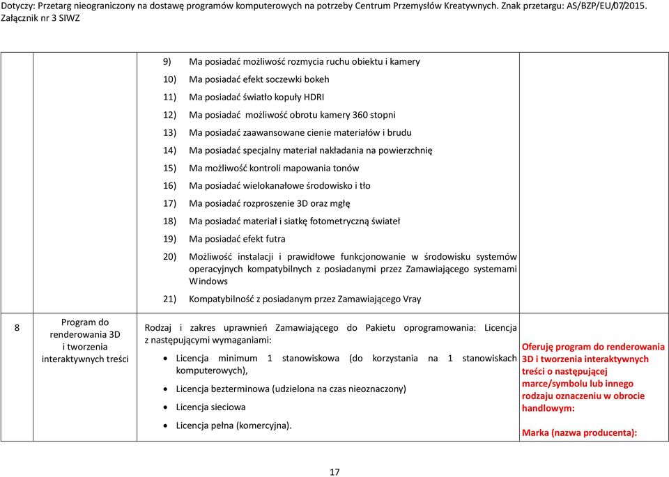 posiadać rozproszenie 3D oraz mgłę 18) Ma posiadać materiał i siatkę fotometryczną świateł 19) Ma posiadać efekt futra 20) Możliwość instalacji i prawidłowe funkcjonowanie w środowisku systemów