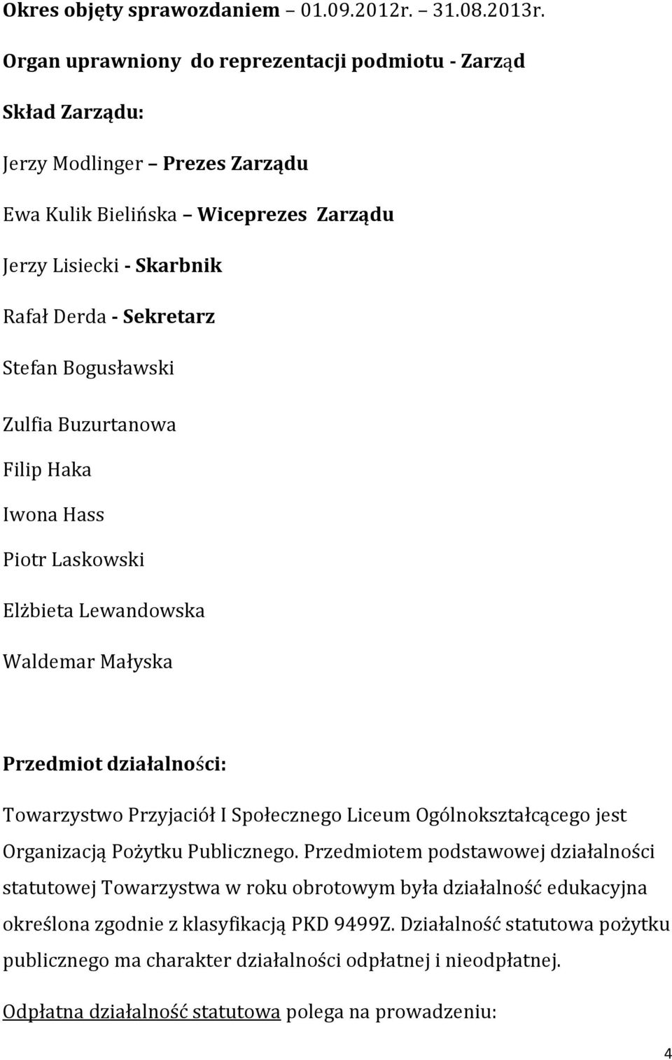 Bogusławski Zulfia Buzurtanowa Filip Haka Iwona Hass Piotr Laskowski Elżbieta Lewandowska Waldemar Małyska Przedmiot działalności: Towarzystwo Przyjaciół I Społecznego Liceum Ogólnokształcącego