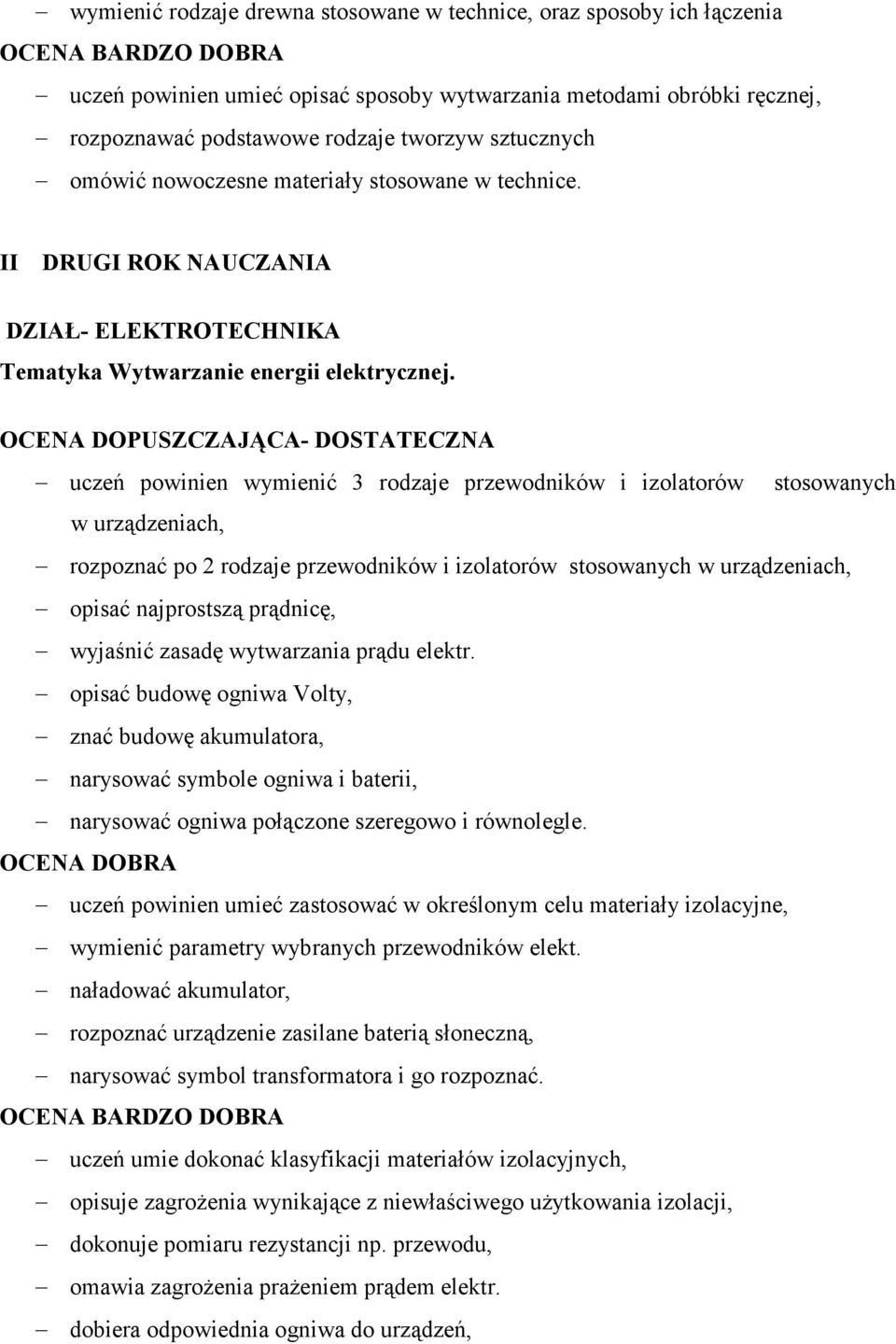 uczeń powinien wymienić 3 rodzaje przewodników i izolatorów stosowanych w urządzeniach, rozpoznać po 2 rodzaje przewodników i izolatorów stosowanych w urządzeniach, opisać najprostszą prądnicę,