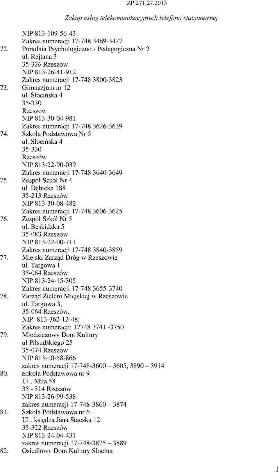 Zespół Szkół Nr 4 ul. Dębicka 288 35-23 Rzeszów NIP 83-30-08-482 Zakres numeracji 7-748 3606-3625 76. Zespół Szkół Nr 5 ul.