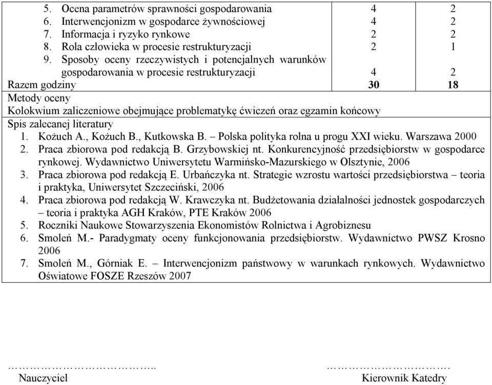 literatury. Kożuch A., Kożuch B., Kutkowska B. Polska polityka rolna u progu XXI wieku. Warszawa 000. Praca zbiorowa pod redakcją B. Grzybowskiej nt.