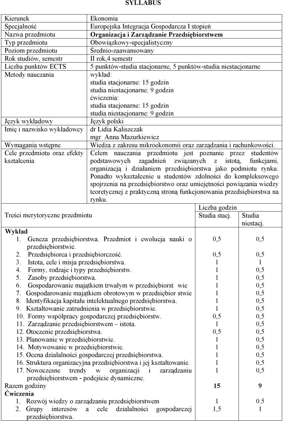 semestr 5 punktów-studia stacjonarne, 5 punktów-studia niestacjonarne wykład: studia stacjonarne: 5 godzin studia niestacjonarne: 9 godzin ćwiczenia: studia stacjonarne: 5 godzin studia