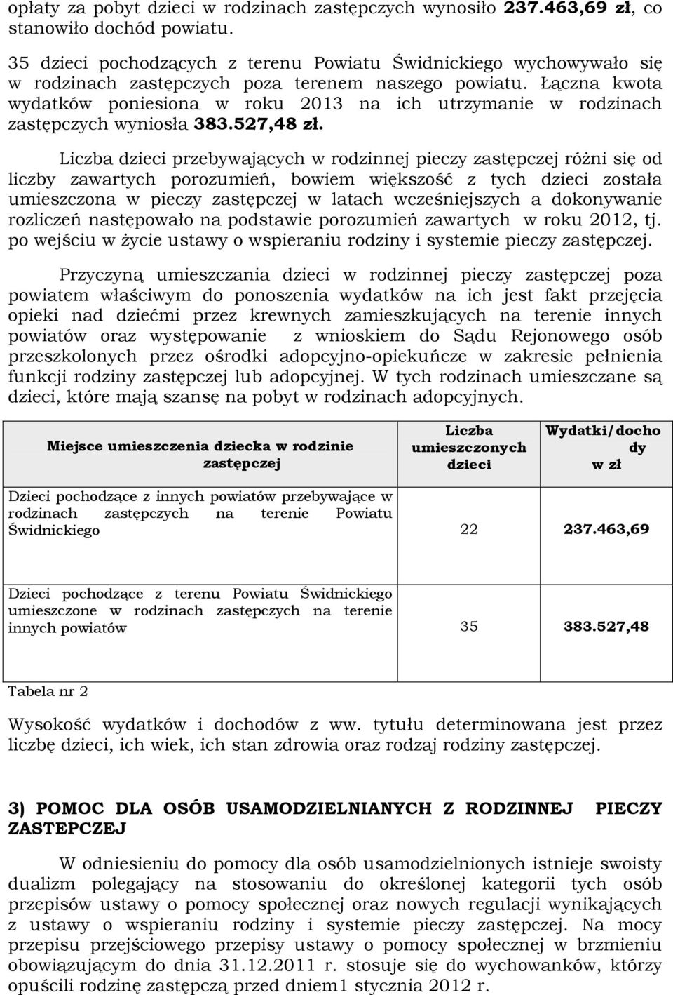 Łączna kwota wydatków poniesiona w roku 2013 na ich utrzymanie w rodzinach zastępczych wyniosła 383.527,48 zł.