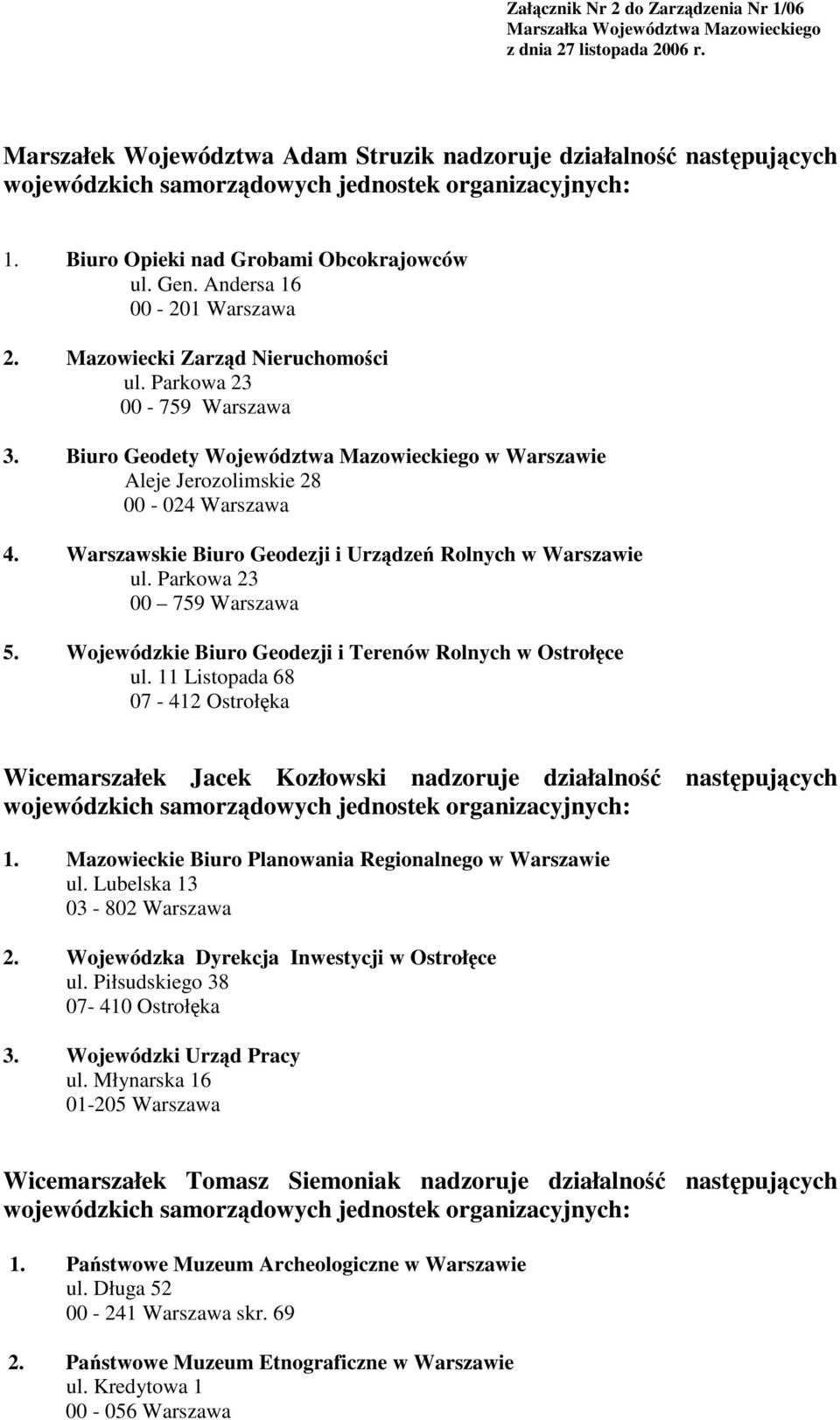 Mazowiecki Zarzd Nieruchomoci ul. Parkowa 23 00-759 Warszawa 3. Biuro Geodety Województwa Mazowieckiego w Warszawie Aleje Jerozolimskie 28 00-024 Warszawa 4.