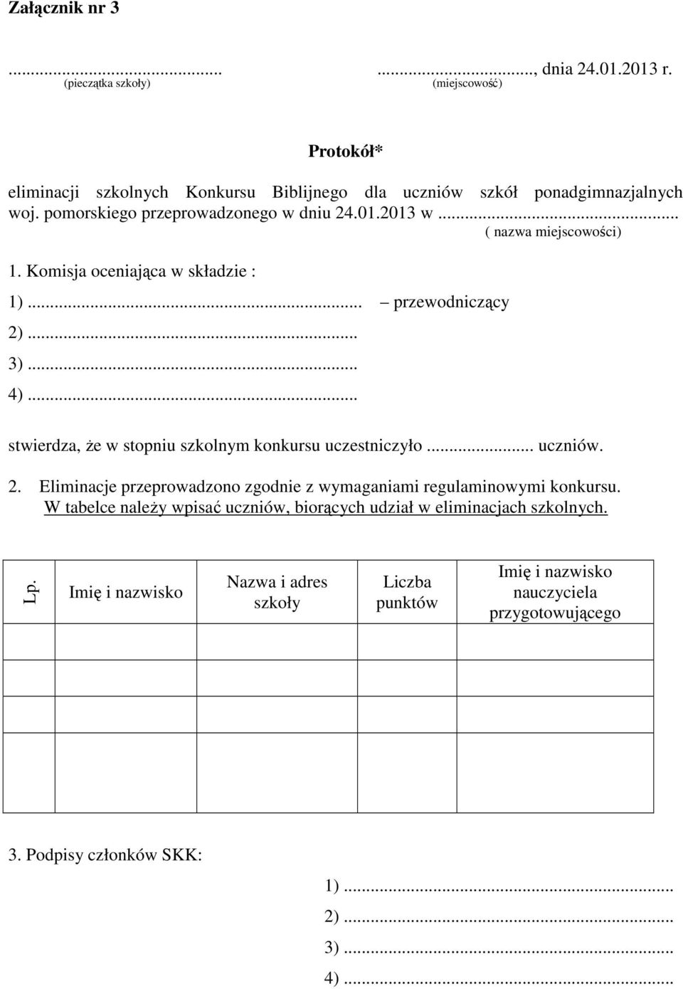 pomorskiego przeprowadzonego w dniu 24.01.2013 w... ( nazwa miejscowości) 1. Komisja oceniająca w składzie : 1)... przewodniczący 2)... 3)... 4).