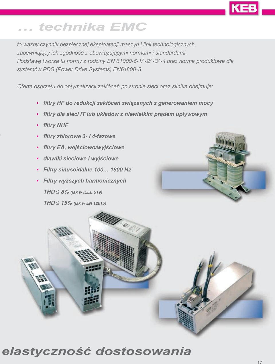 Oferta osprzętu do optymalizacji zakłóceń po stronie sieci oraz silnika obejmuje: filtry HF do redukcji zakłóceń związanych z generowaniem mocy filtry dla sieci IT lub układów z