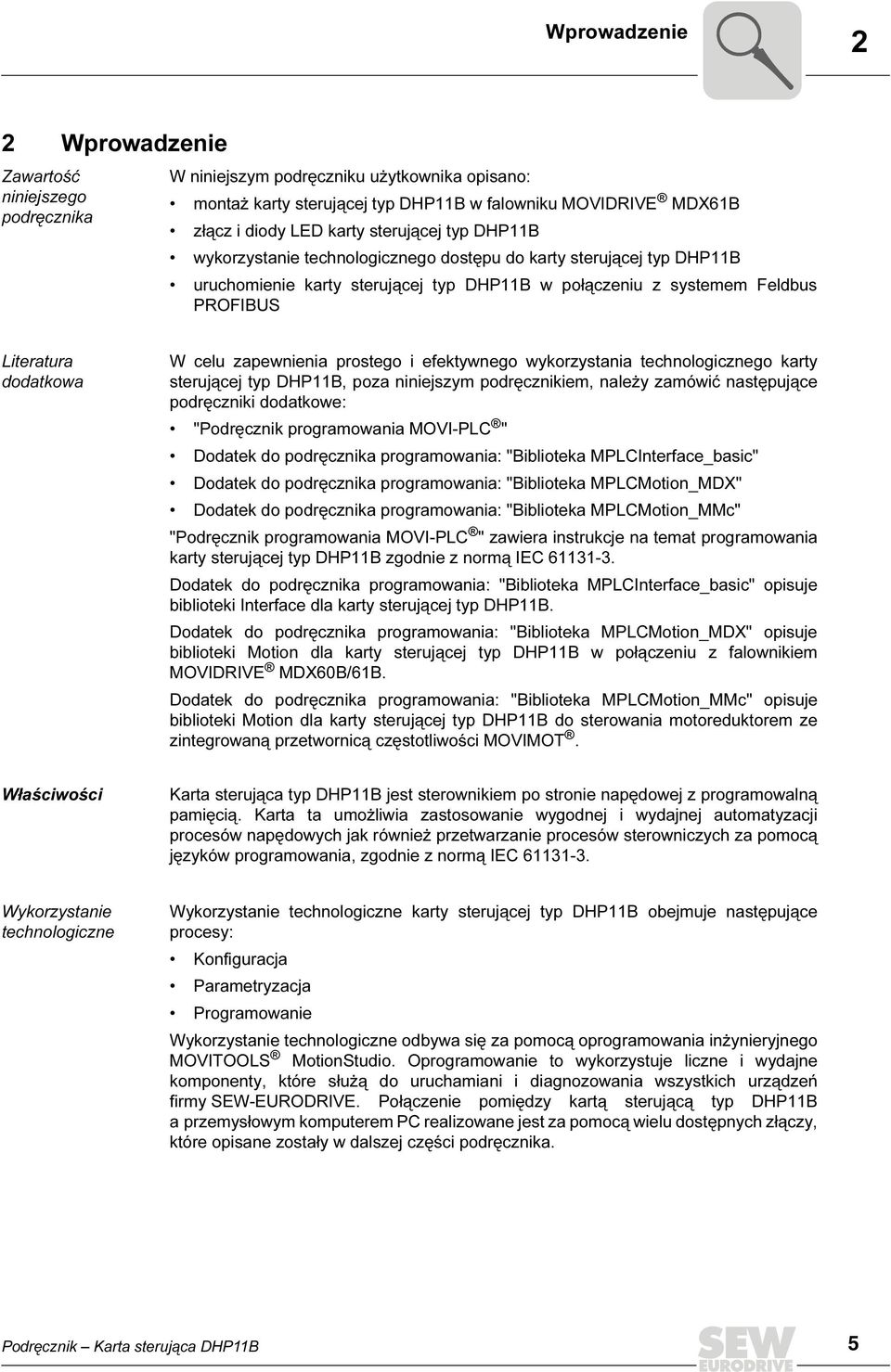 celu zapewnienia prostego i efektywnego wykorzystania technologicznego karty sterującej typ DHP11B, poza niniejszym podręcznikiem, należy zamówić następujące podręczniki dodatkowe: "Podręcznik