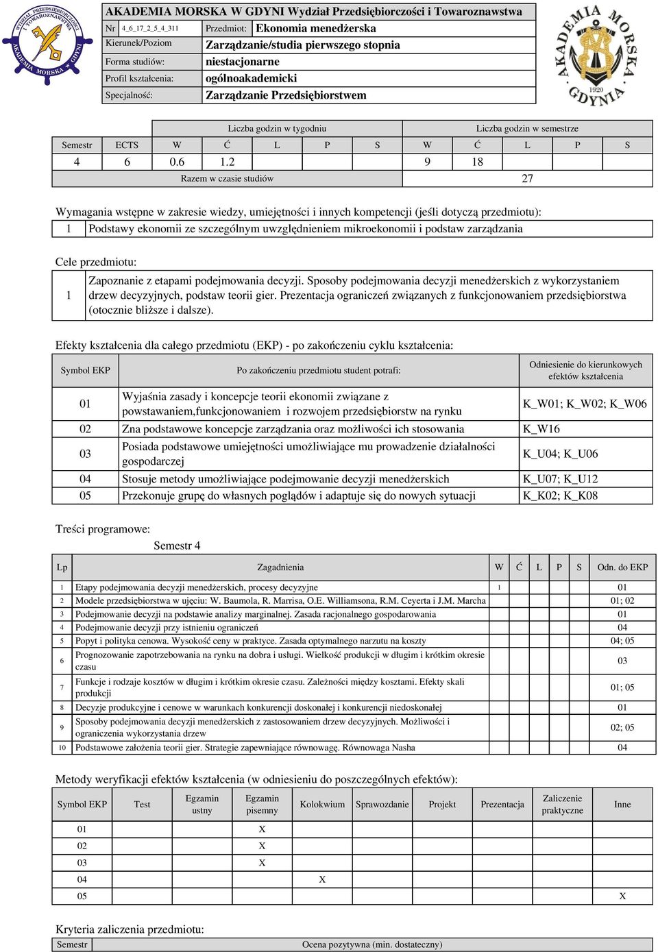 0.6.2 9 8 Razem w czasie studiów 27 Wymagania wstępne w zakresie wiedzy, umiejętności i innych kompetencji (jeśli dotyczą przedmiotu): Podstawy ekonomii ze szczególnym uwzględnieniem mikroekonomii i