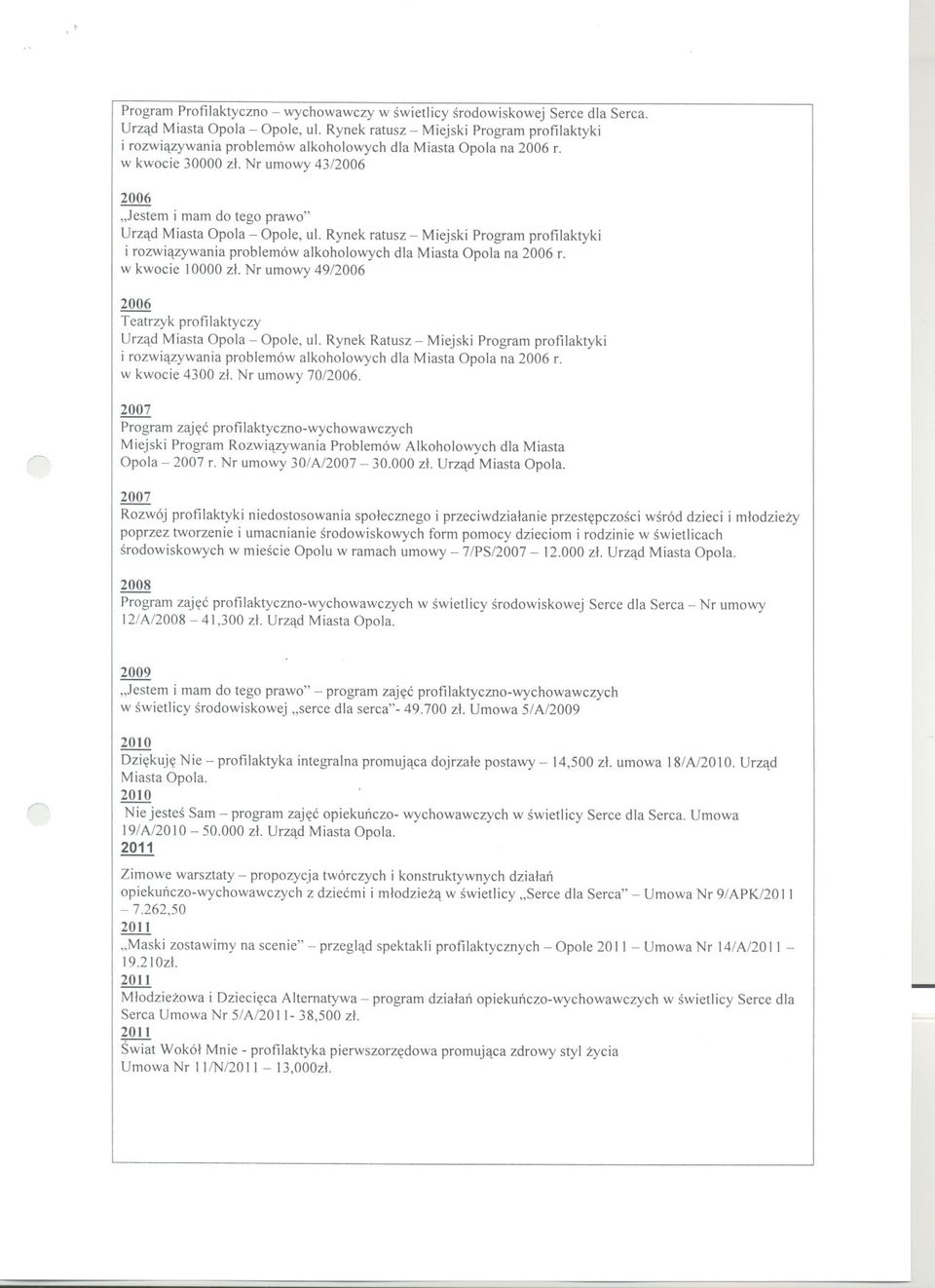 Nr umowy 43/2006 2006 "Jestem i mam do tego prawo" Urzad Miasta Opola Opole, ul. Rynek ratusz Miejski Program profilaktyki i rozwiazywania problemów alkoholowych dla Miasta Opola na 2006 r.