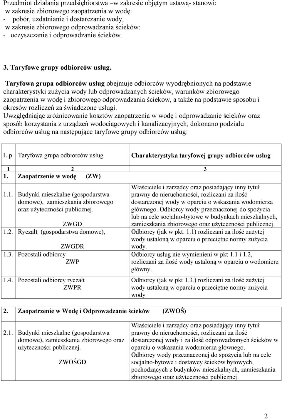 Taryfowa grupa odborców usług obejmuje odborców wyodrębnonych na podstawe charakterystyk zużyca wody lub odprowadzanych śceków, warunków zborowego zaopatrzena w wodę zborowego odprowadzana śceków, a