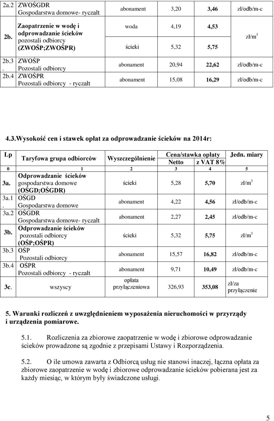 mary Taryfowa grupa odborców Wyszczególnene Netto z VAT 8% 0 1 2 3 4 5 Odprowadzane śceków 3a. gospodarstwa domowe ścek 5,28 5,70 zł/m 3 (OŚGD;OŚGDR) 3a.1 OŚGD abonament 4,22 4,56 zł/odb/m-c.