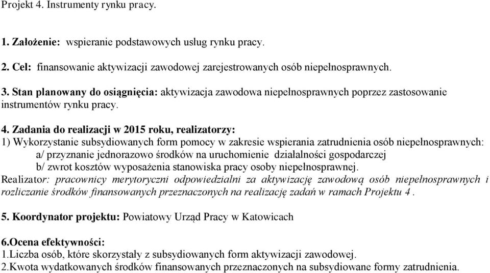 Zadania do realizacji w 2015 roku, realizatorzy: 1) Wykorzystanie subsydiowanych form pomocy w zakresie wspierania zatrudnienia osób niepełnosprawnych: a/ przyznanie jednorazowo środków na