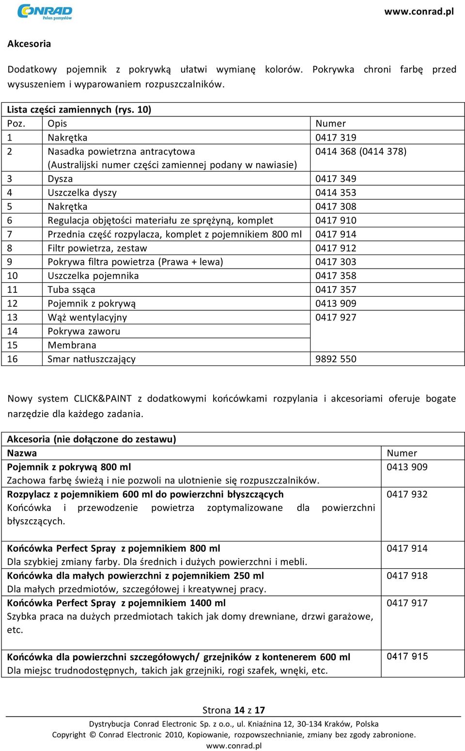 308 6 Regulacja objętości materiału ze sprężyną, komplet 0417 910 7 Przednia część rozpylacza, komplet z pojemnikiem 800 ml 0417 914 8 Filtr powietrza, zestaw 0417 912 9 Pokrywa filtra powietrza