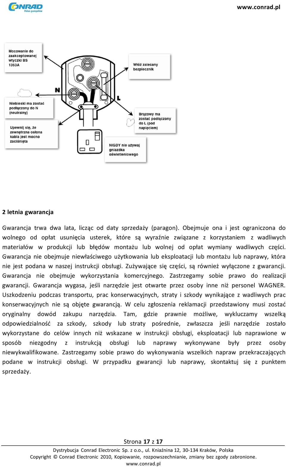 wadliwych części. Gwarancja nie obejmuje niewłaściwego użytkowania lub eksploatacji lub montażu lub naprawy, która nie jest podana w naszej instrukcji obsługi.