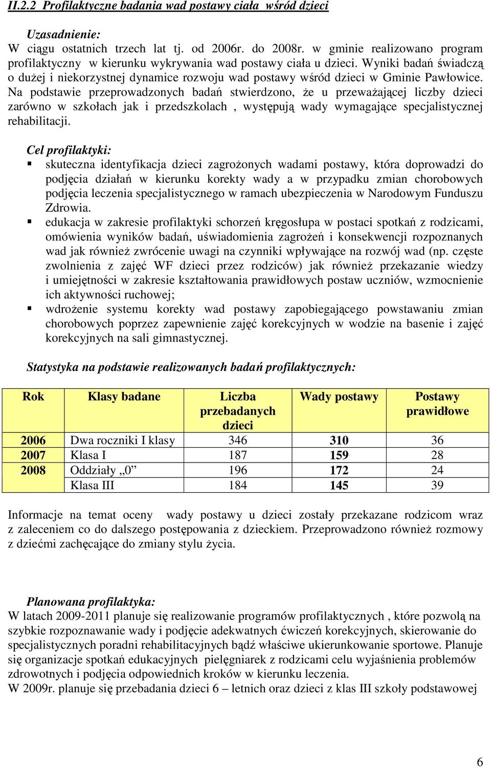 Wyniki badań świadczą o duŝej i niekorzystnej dynamice rozwoju wad postawy wśród dzieci w Gminie Pawłowice.