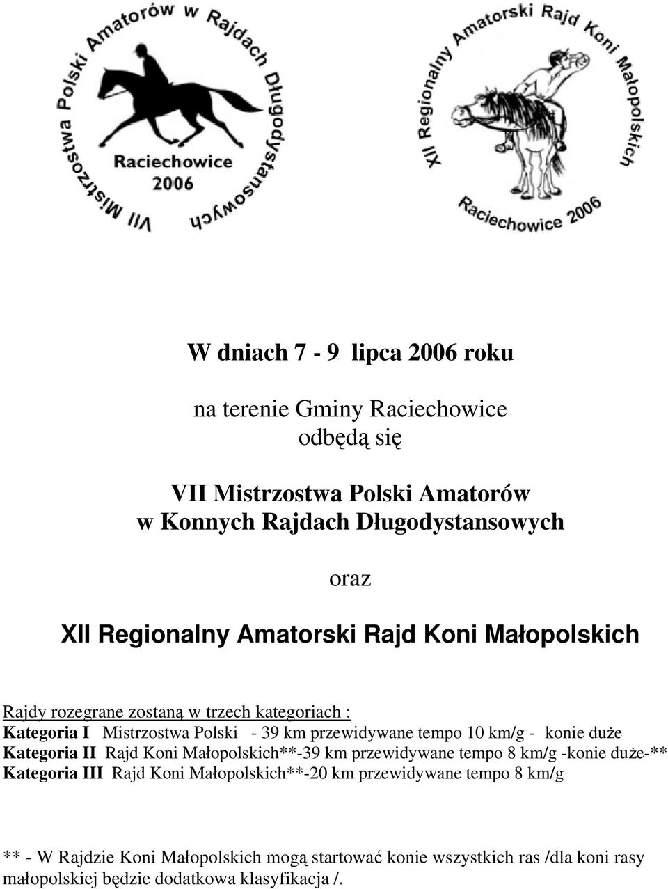 10 km/g - konie duże Kategoria II Rajd Koni Małopolskich**-39 km przewidywane tempo 8 km/g -konie duże-** Kategoria III Rajd Koni Małopolskich**-20 km