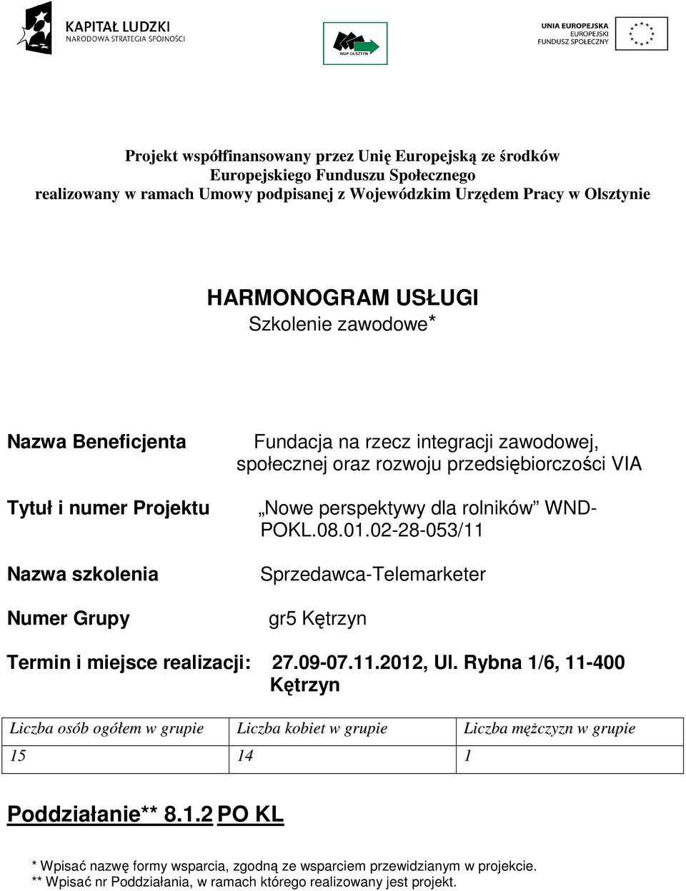 rolników WND- POKL.0.01.02-2-053/11 Sprzedawca-Telemarketer gr5 Kętrzyn Termin i miejsce realizacji: 27.09-07.11.2012, Ul.