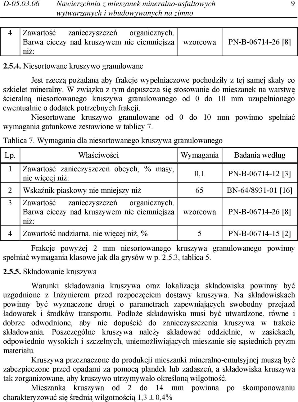 Niesortowane kruszywo granulowane od 0 do 10 mm powinno spełniać wymagania gatunkowe zestawione w tablicy 7. Tablica 7. Wymagania dla niesortowanego kruszywa granulowanego Lp.