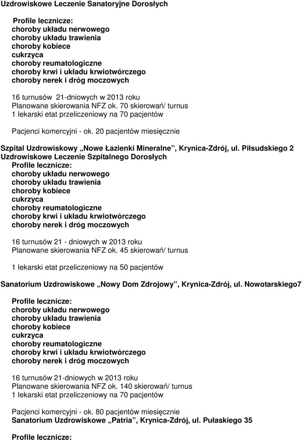 Piłsudskiego 2 Uzdrowiskowe Leczenie Szpitalnego Dorosłych choroby układu nerwowego 16 turnusów 21 - dniowych w 2013 roku Planowane skierowania NFZ ok.