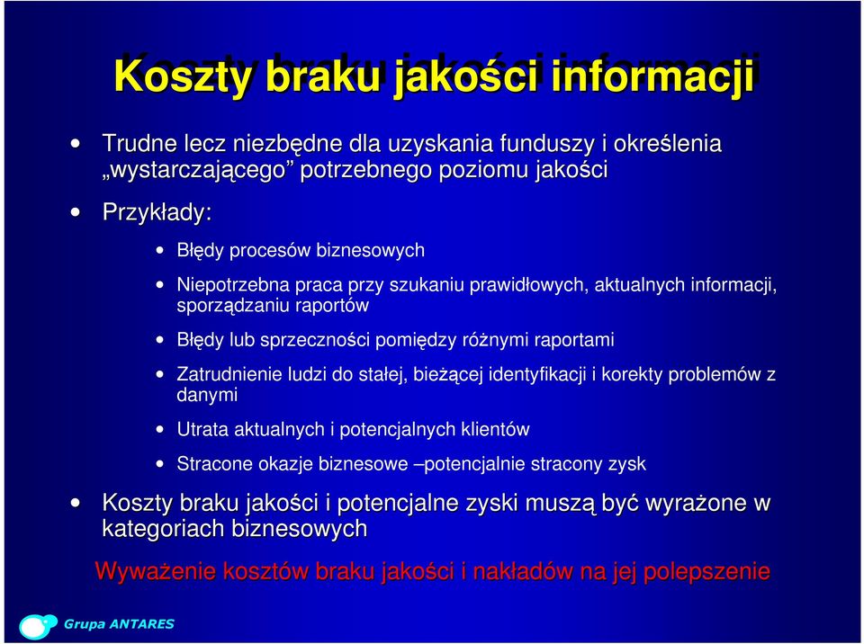 Zatrudnienie ludzi do stałej, bieżącej identyfikacji i korekty problemów z danymi Utrata aktualnych i potencjalnych klientów Stracone okazje biznesowe