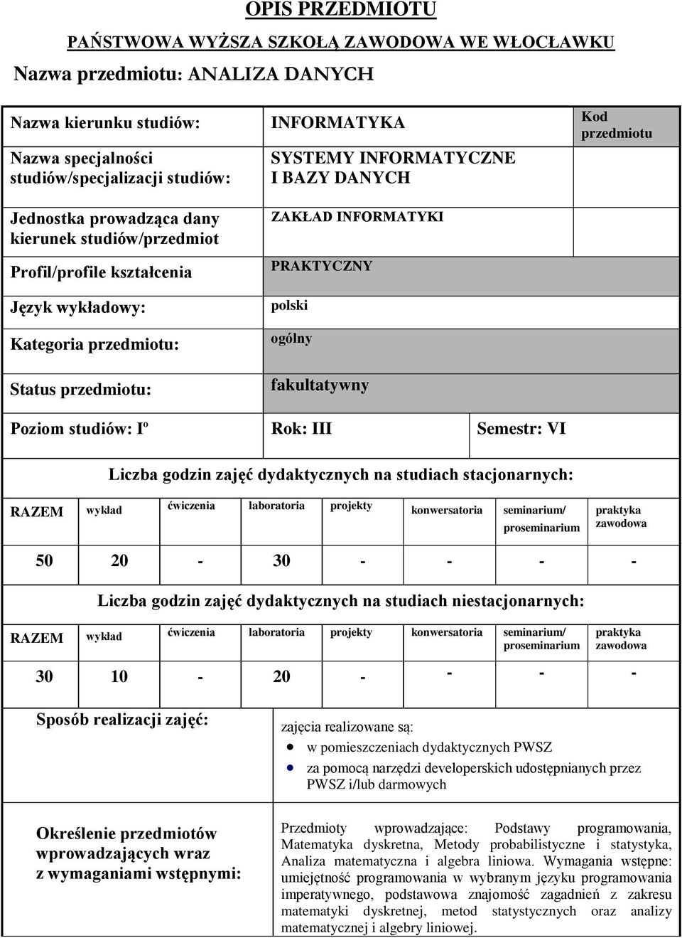 ogólny fakultatywny Kod przedmiotu Poziom studiów: Iº Rok: III Semestr: VI Liczba godzin zajęć dydaktycznych na studiach stacjonarnych: RAZEM wykład ćwiczenia laboratoria projekty konwersatoria