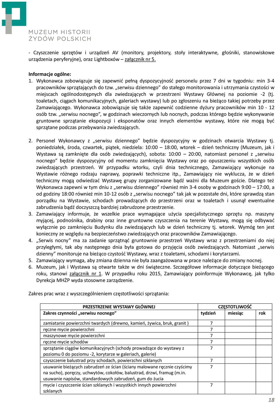 serwisu dziennego do stałego monitorowania i utrzymania czystości w miejscach ogólnodostępnych dla zwiedzających w przestrzeni Wystawy Głównej na poziomie -2 (tj.