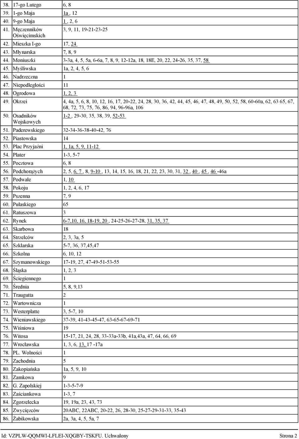 Okrzei 4, 4a, 5, 6, 8, 10, 12, 16, 17, 20-22, 24, 28, 30, 36, 42, 44, 45, 46, 47, 48, 49, 50, 52, 58, 60-60a, 62, 63 65, 67, 68, 72, 73, 75, 76, 86, 94, 96-96a, 106 50.