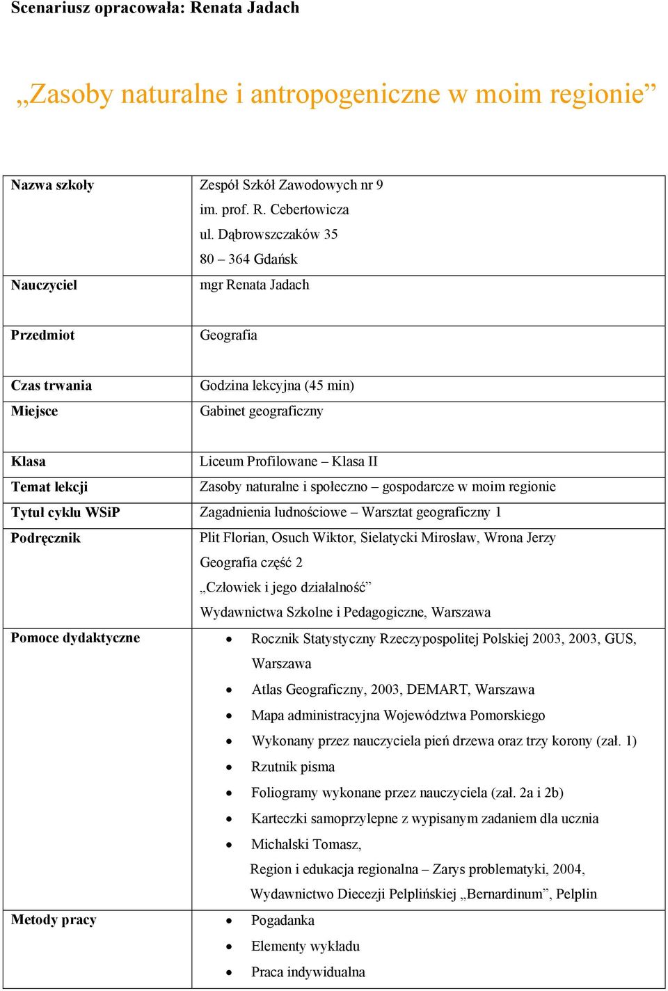 Zasoby naturalne i społeczno gospodarcze w moim regionie Tytuł cyklu WSiP Zagadnienia ludnościowe Warsztat geograficzny 1 Podręcznik Plit Florian, Osuch Wiktor, Sielatycki Mirosław, Wrona Jerzy