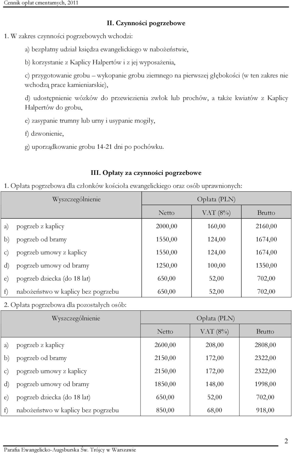 głębokości (w ten zakres nie wchodzą prace kamieniarskie), d) udostępnienie wózków do przewiezienia zwłok lub prochów, a także kwiatów z Kaplicy Halpertów do grobu, e) zasypanie trumny lub urny i