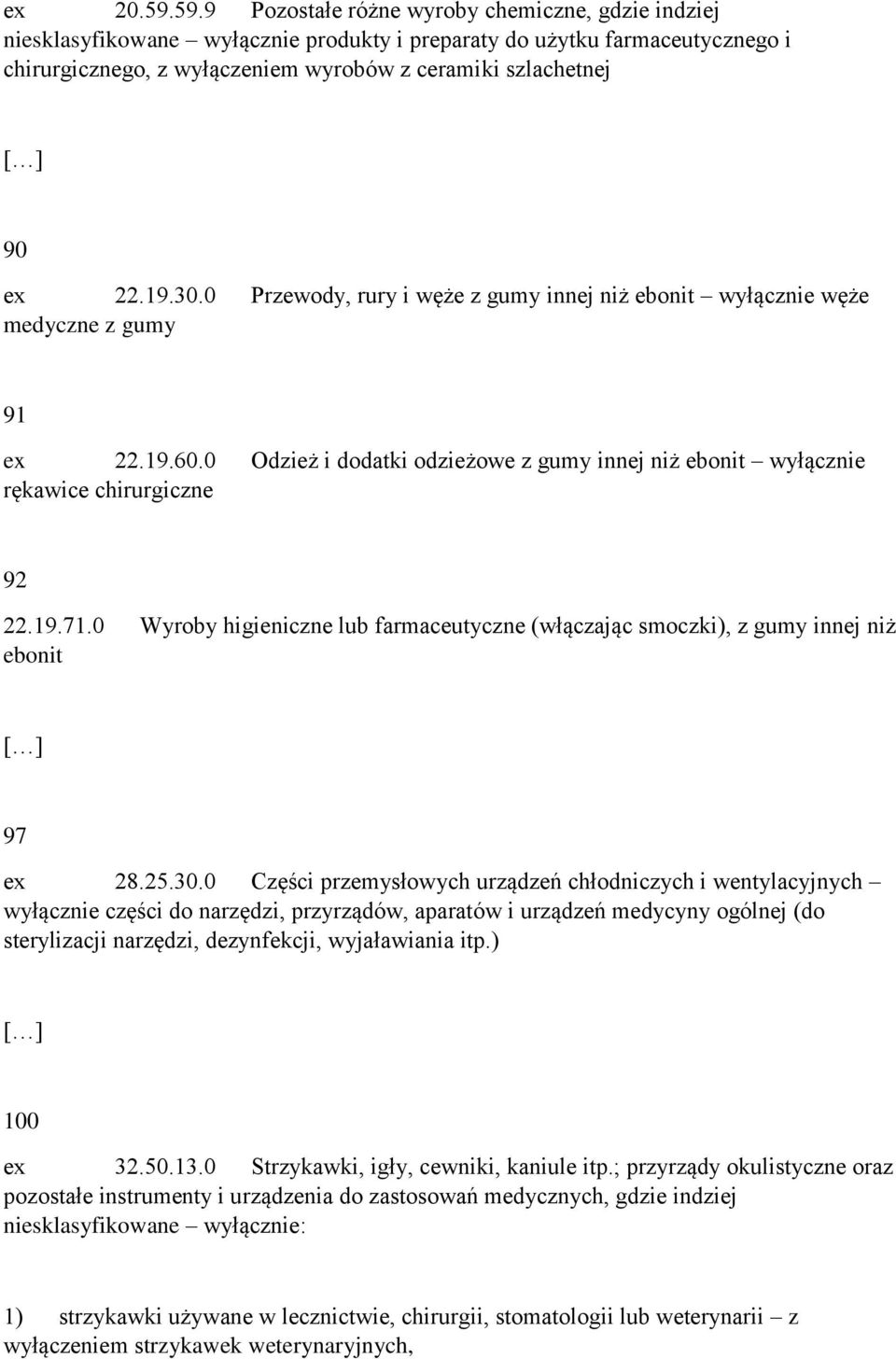 ex 22.19.30.0 Przewody, rury i węże z gumy innej niż ebonit wyłącznie węże medyczne z gumy 91 ex 22.19.60.0 Odzież i dodatki odzieżowe z gumy innej niż ebonit wyłącznie rękawice chirurgiczne 92 22.19.71.