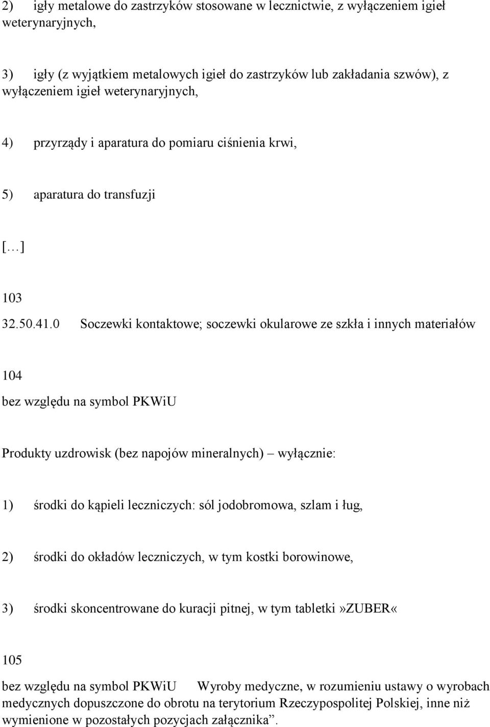 0 Soczewki kontaktowe; soczewki okularowe ze szkła i innych materiałów 104 bez względu na symbol PKWiU Produkty uzdrowisk (bez napojów mineralnych) wyłącznie: 1) środki do kąpieli leczniczych: sól