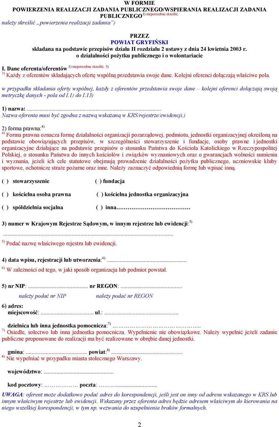 o działalności pożytku publicznego i o wolontariacie 1) niepotrzebne skreślić. 3) I. Dane oferenta/oferentów 3) Każdy z oferentów składających ofertę wspólną przedstawia swoje dane.