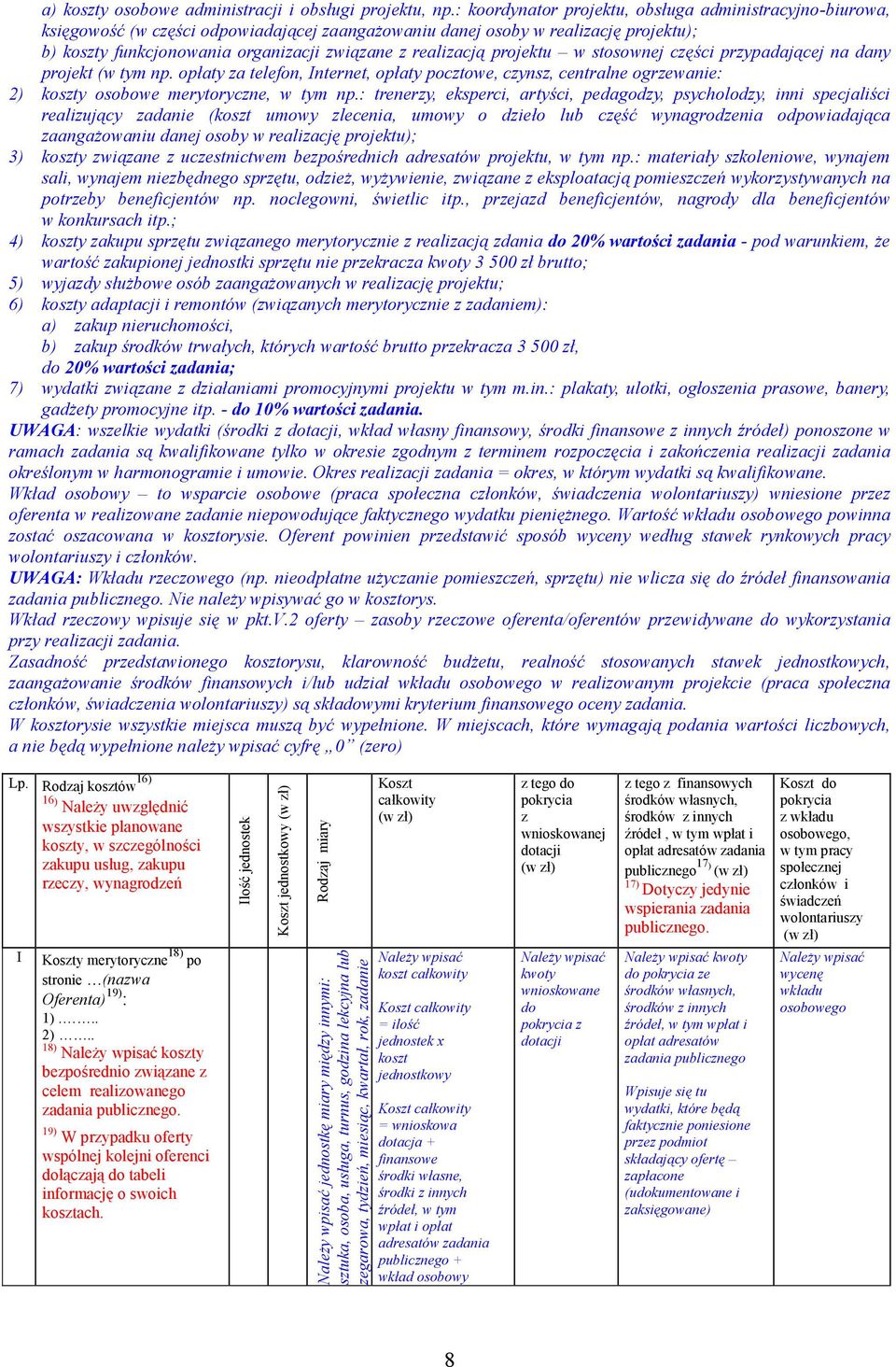 realizacją projektu w stosownej części przypadającej na dany projekt (w tym np. opłaty za telefon, Internet, opłaty pocztowe, czynsz, centralne ogrzewanie: 2) koszty osobowe merytoryczne, w tym np.