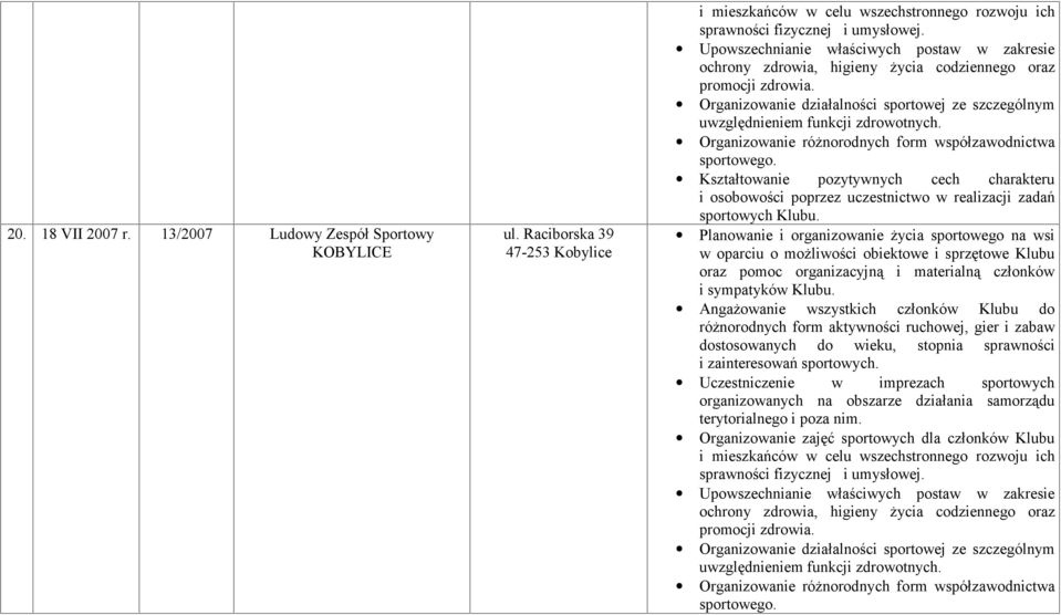 Organizowanie działalności sportowej ze szczególnym Kształtowanie pozytywnych cech charakteru Planowanie i organizowanie życia sportowego na wsi w oparciu o możliwości obiektowe i sprzętowe Klubu