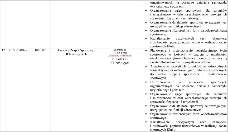 i organizowanie pozalekcyjnego życia sportowego w Łężcach w oparciu o możliwości obiektowe i sprzętowe Klubu oraz pomoc organizacyjną i materialną rodziców i sympatyków